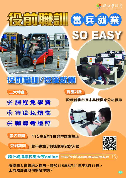 役政》新北市115年役男役前職能教育訓練公告(6/1起報名)圖片