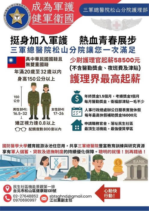 招募》三軍總醫院軍職護理師(軍士官)徵才資訊圖片